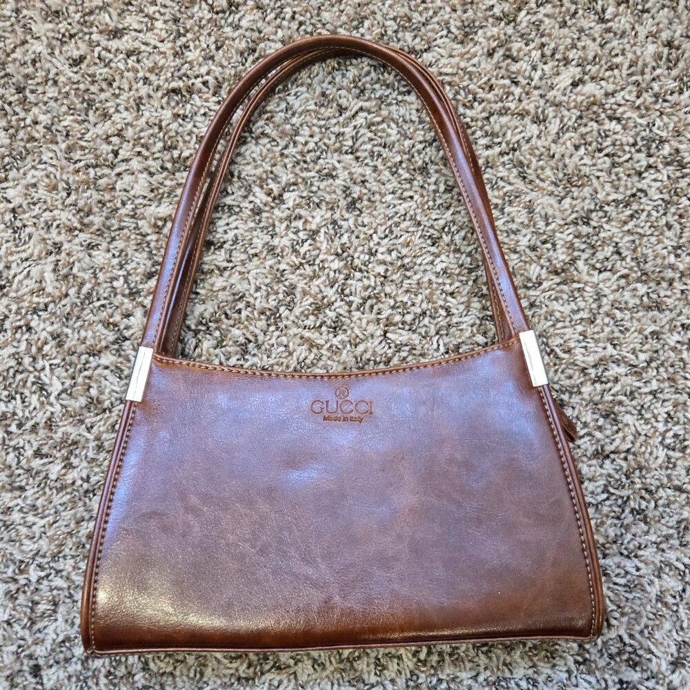 Stamped Brown Structured Brown Faux Leather Bag